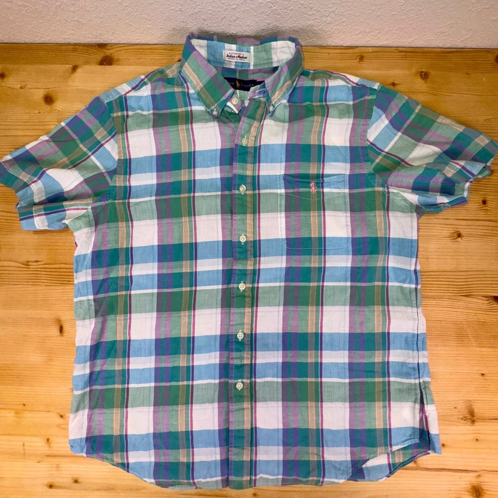 Ralph Lauren‎ Indian Madras Plaid Short Sleeve Shirt Men's L Multicolor Cotton